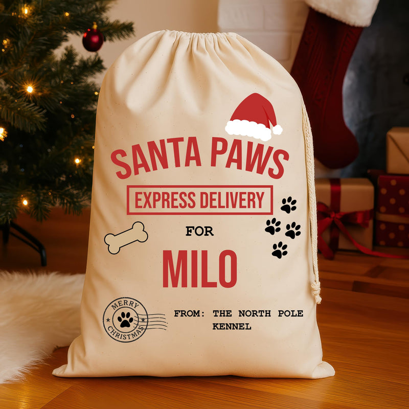 Personalised Santa Paws Dog Christmas Santa Sack with Name