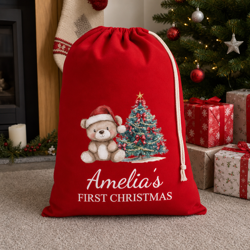 Personalised Red Teddy Christmas Santa Sack with Name