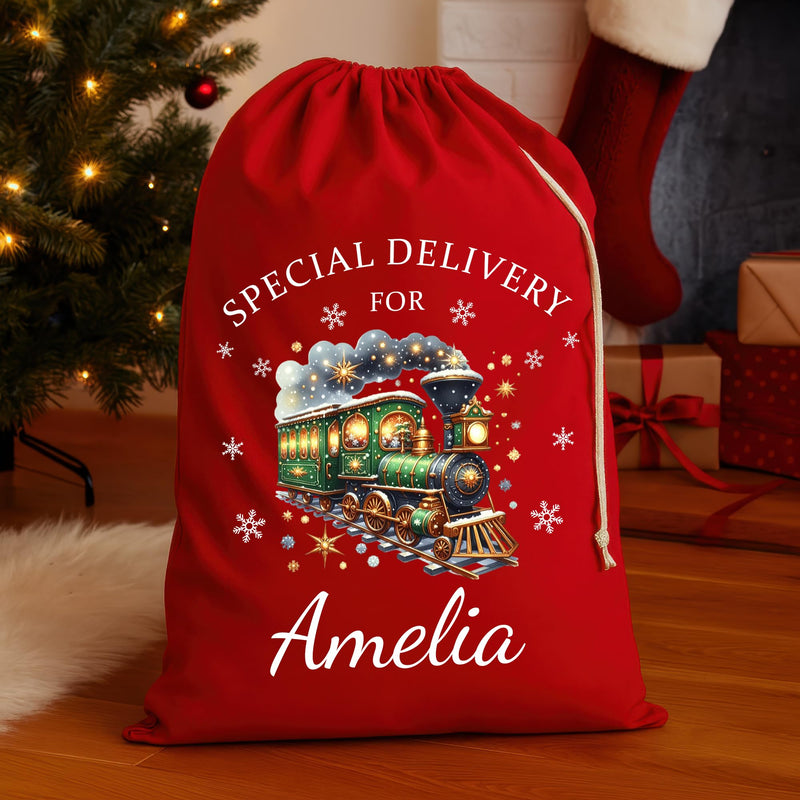 Personalised Festive Train Santa Sack with Name