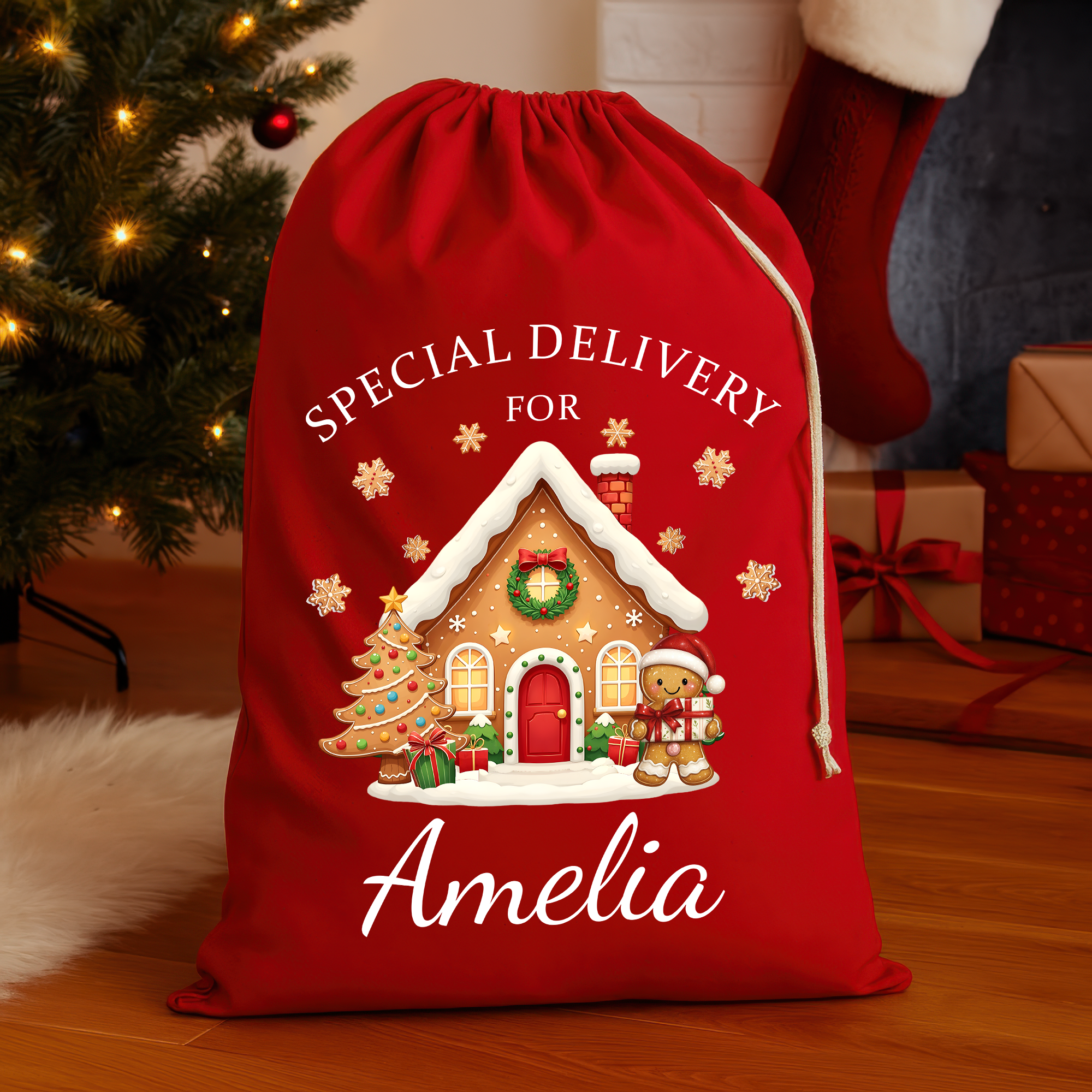 Personalised Red Christmas Santa Sack – Gingerbread House