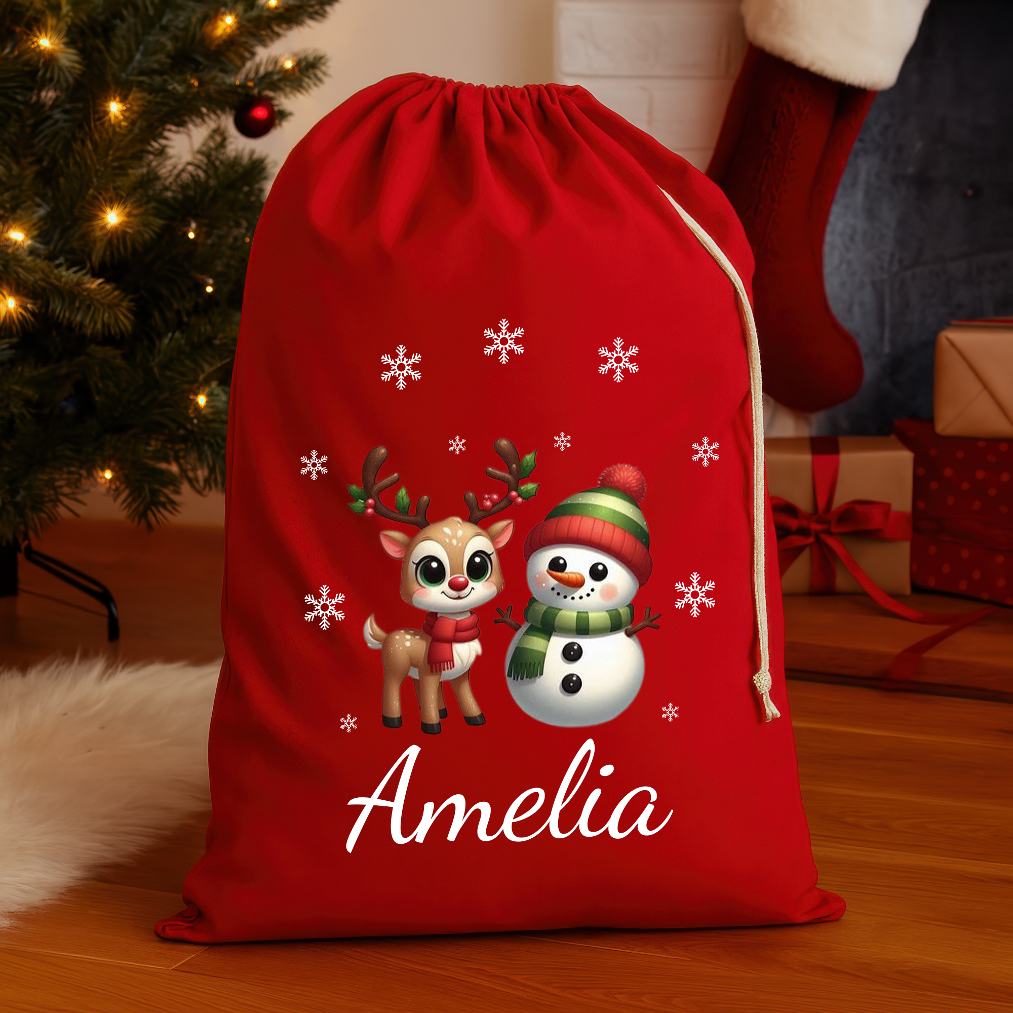Personalised Red Christmas Santa Sack – Reindeer Snowman