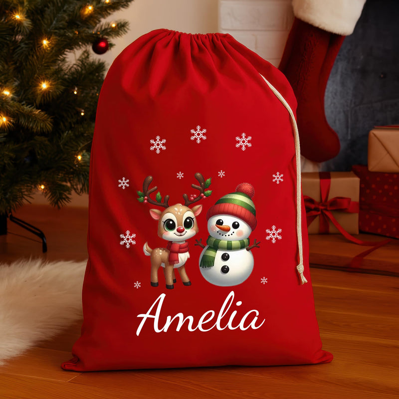 Personalised Reindeer Snowman Santa Sack with Name