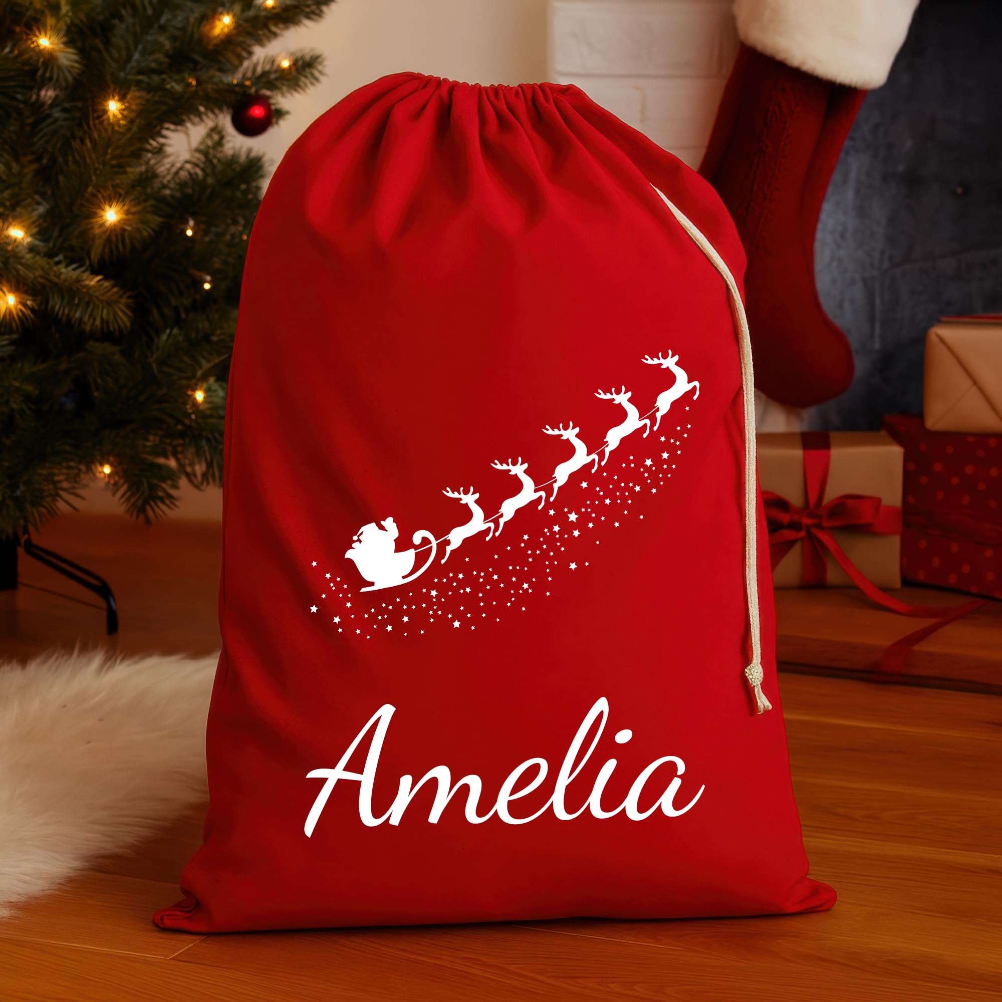 Personalised Santa Sack with Sleigh Design and Name