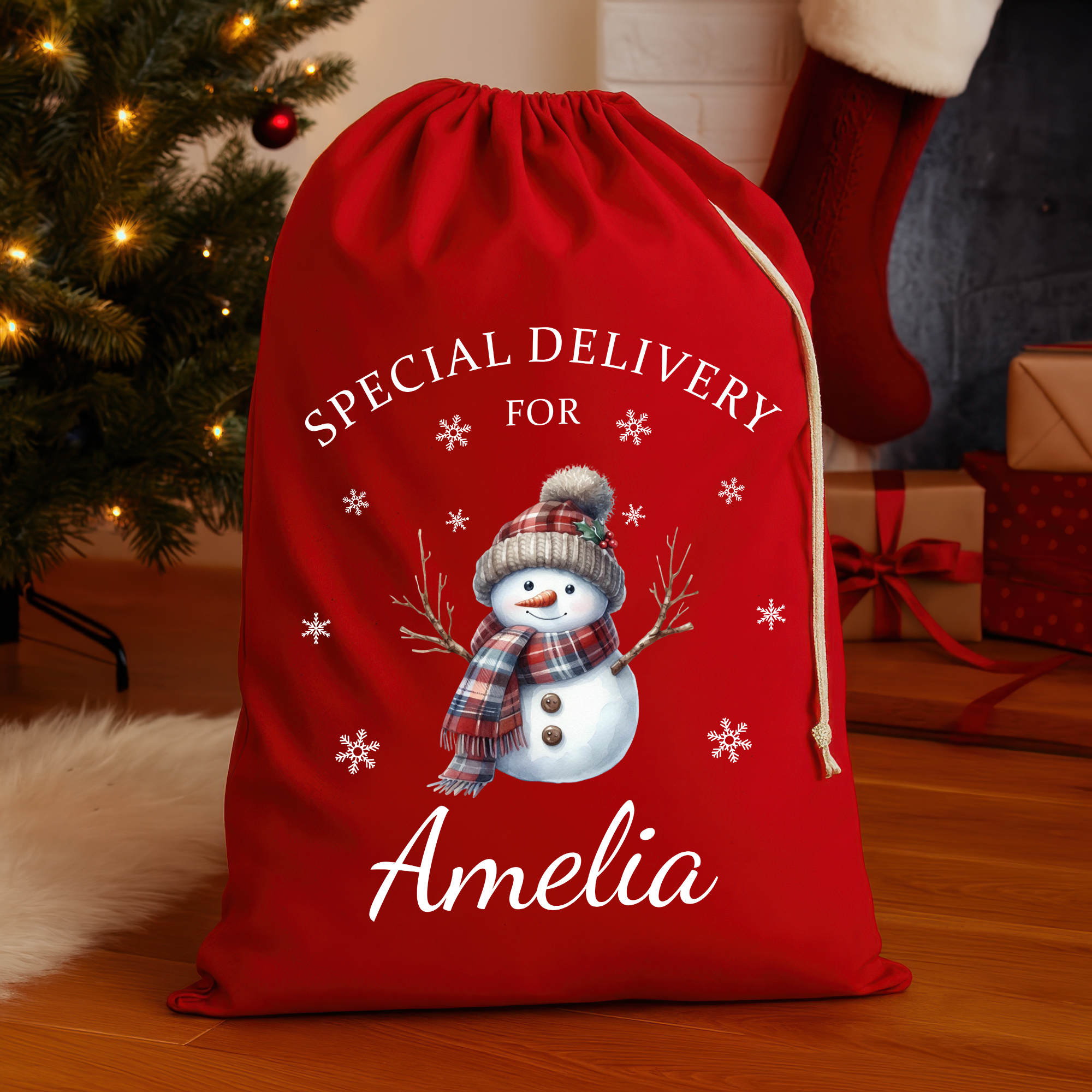 Personalised Red Christmas Santa Sack – Snowman