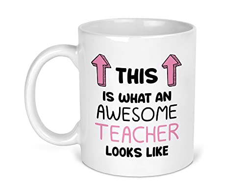 Awesome Teacher ceramic mug with pink text and colourful arrows