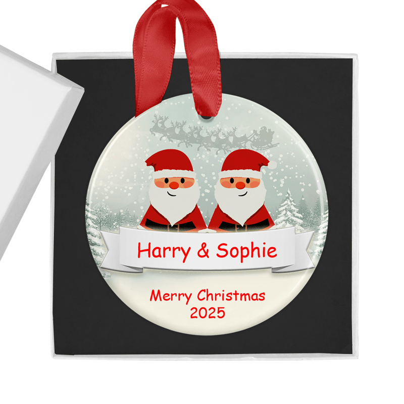 Personalised ceramic ornament with an adorable Santa couple design