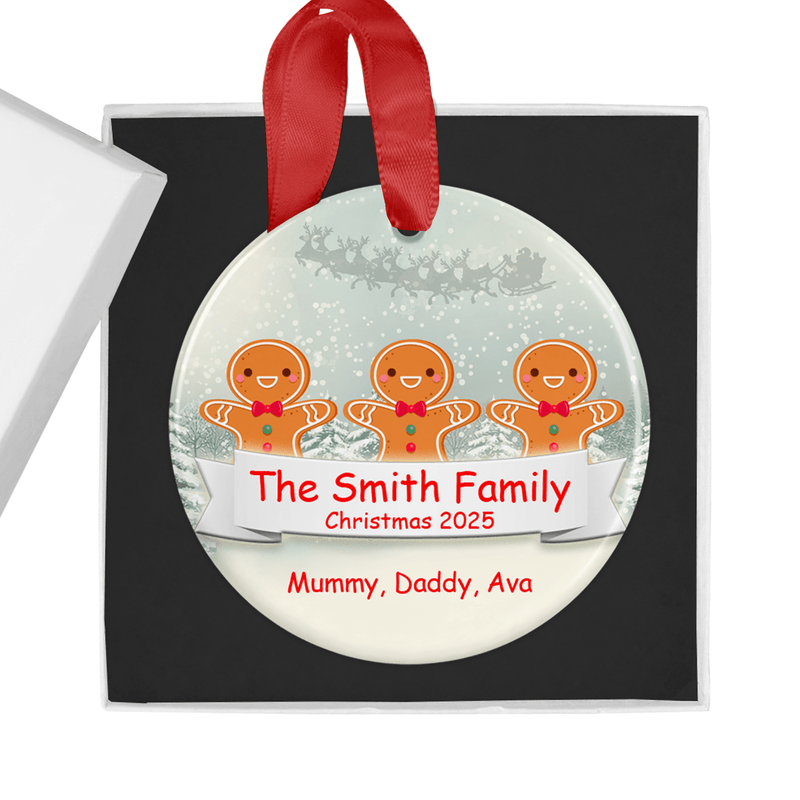 Personalised ceramic ornament with an adorable gingerbread family design