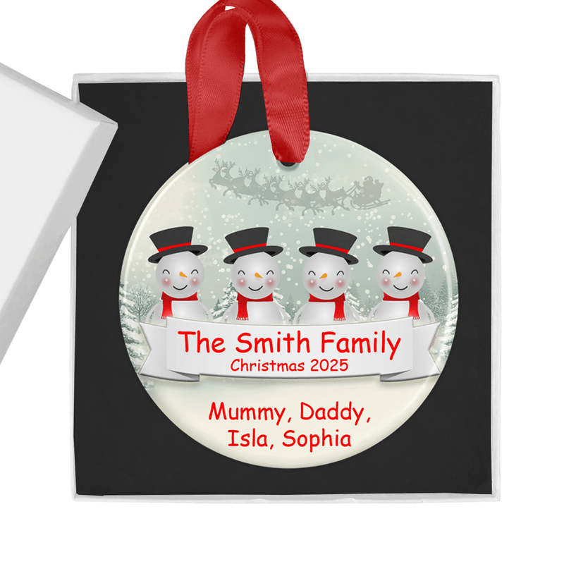 Personalised ceramic ornament with a cheerful snowman family design