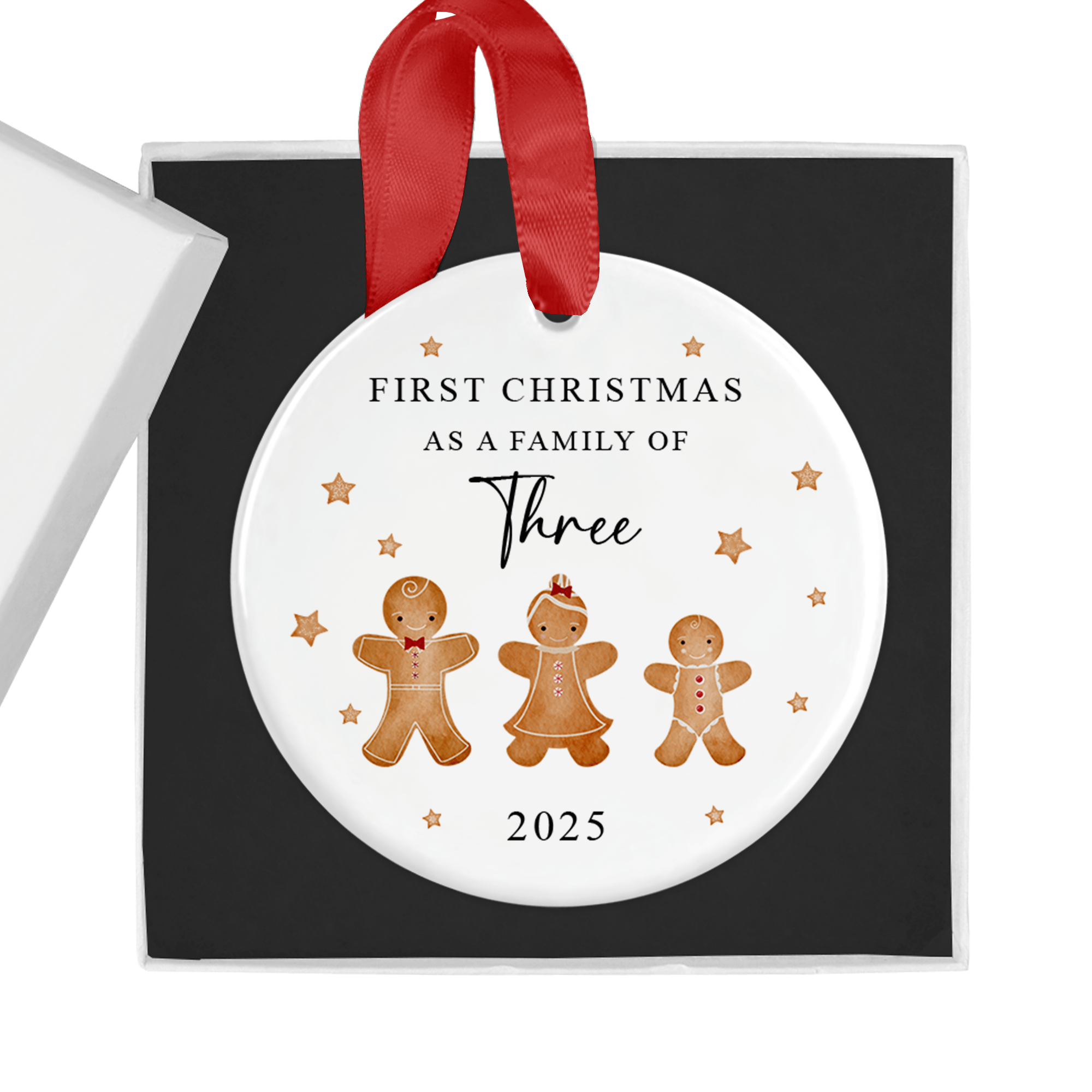 First Christmas as a Family of 3 Gingerbread Ornament with Gift Box - Chicken Craft Ltd