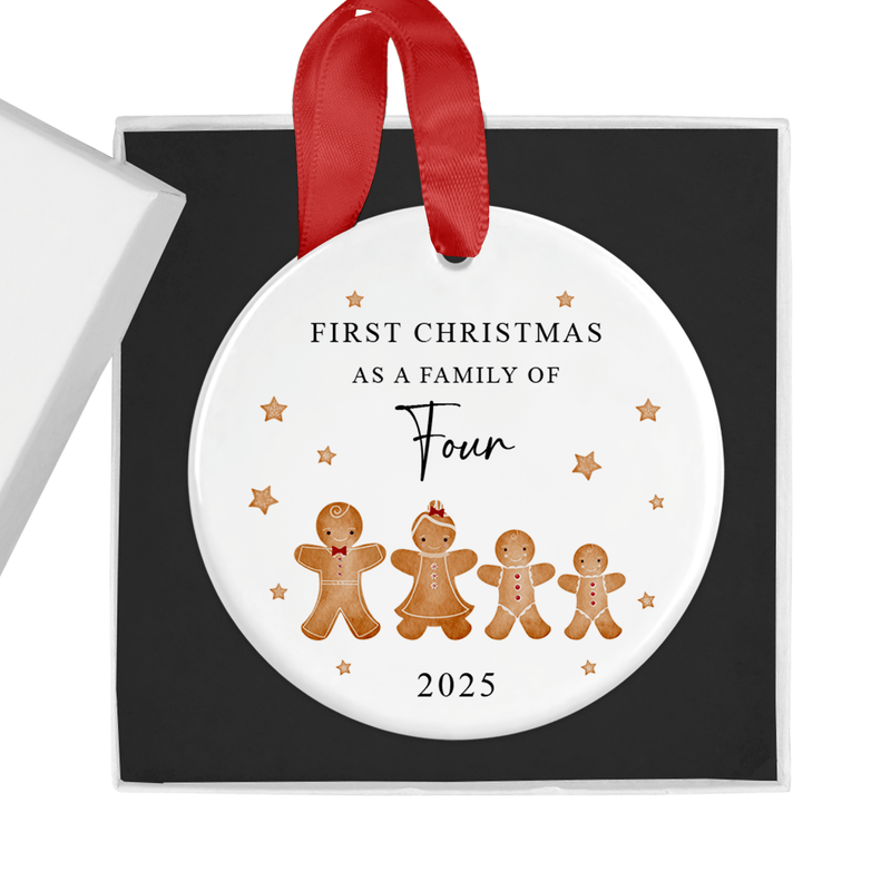 ceramic ornament with a gingerbread family of four