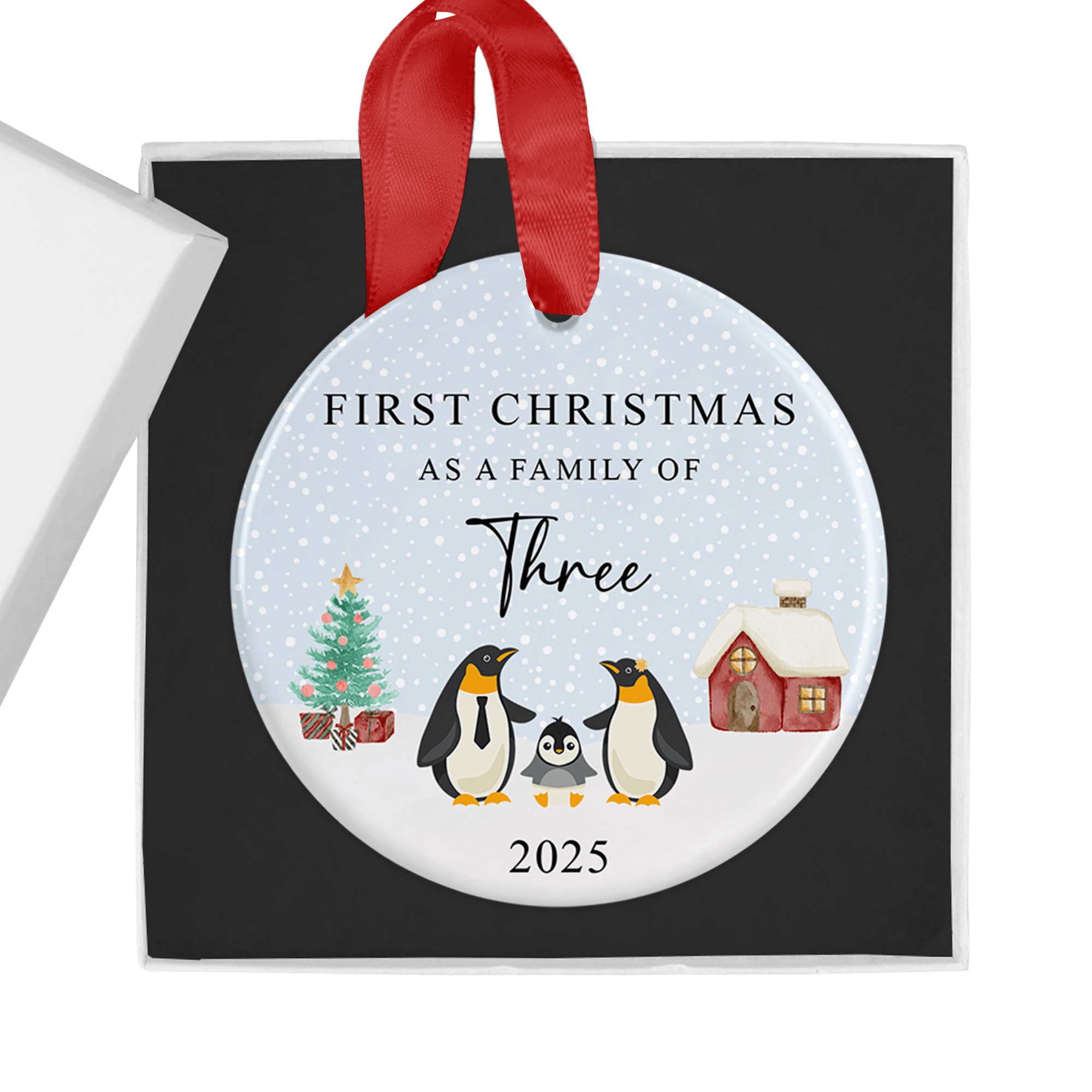 First Christmas as a Family of Three Penguin Ornament with Gift Box - Chicken Craft Ltd
