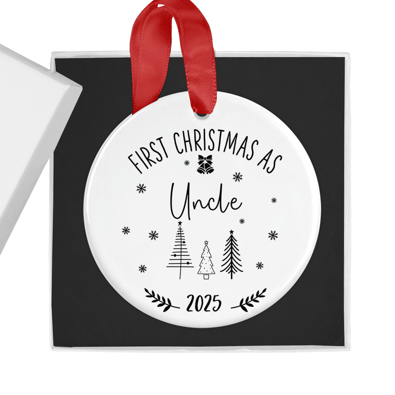 Ceramic uncle ornament with black-and-white hearts, snowflakes and Christmas trees