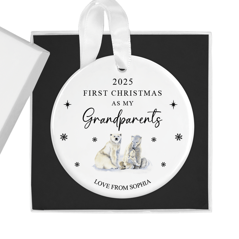 Personalised ceramic ornament with a charming illustration of two protective polar bears with their cub