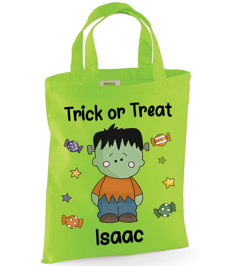 Personalised Green Frankenstein Trick or Treat Tote Bag