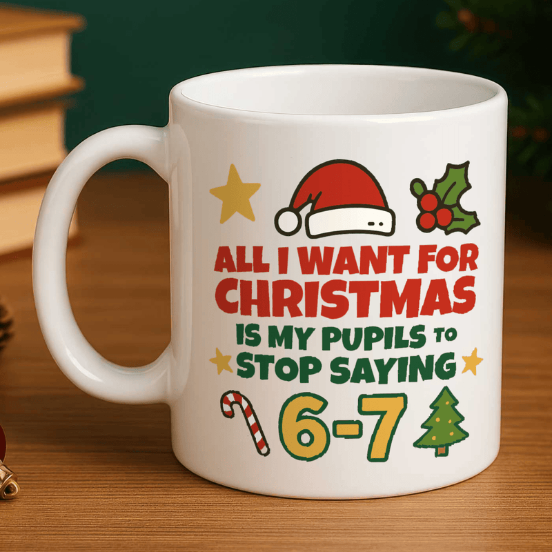 Funny Teacher Christmas 6-7 Meme Mug shown with printed design
