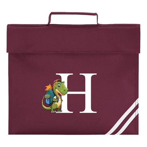 Initial dinosaur burgundy school book bag for nursery and primary.