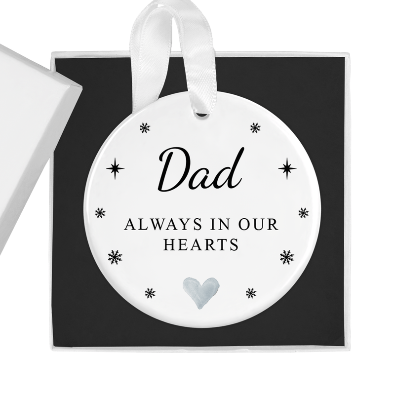 ceramic ornament with the "Always in Our Hearts" message with stars and a central heart motif