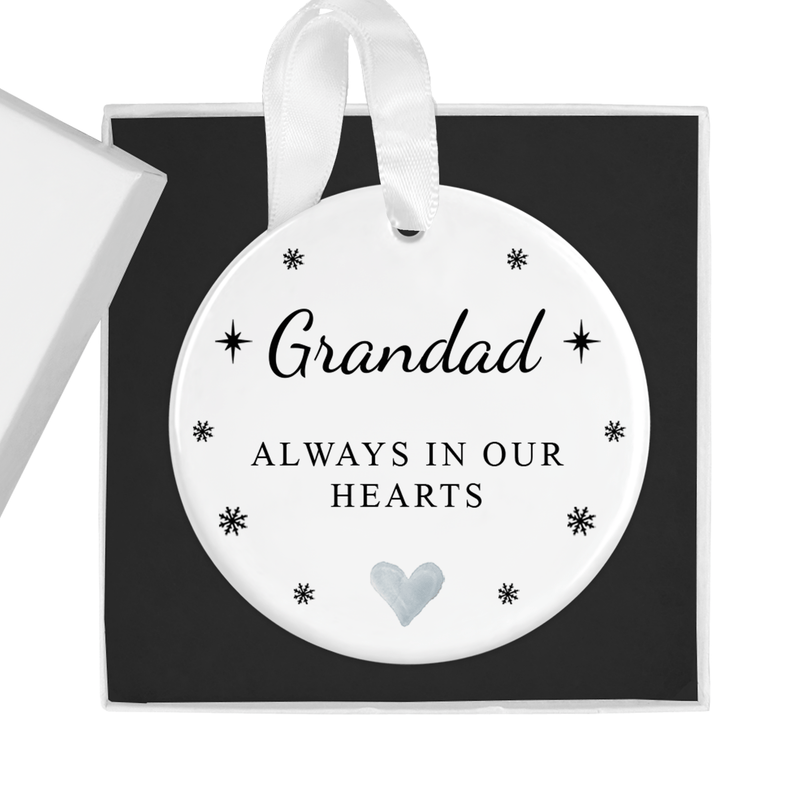 ceramic ornament with the "Always in Our Hearts" message with stars and a central heart motif