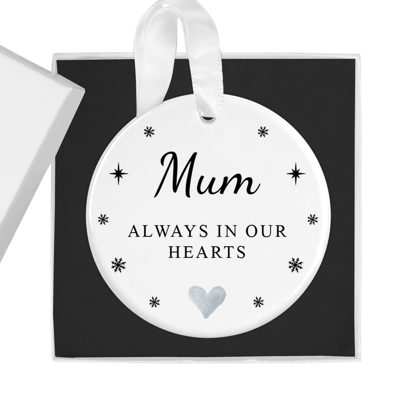 ceramic ornament with the "Always in Our Hearts" message with stars and a central heart motif