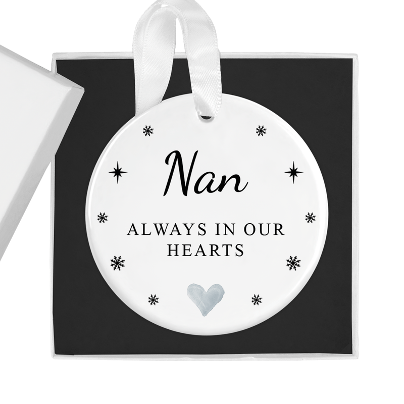 ceramic ornament with the "Always in Our Hearts" message with stars and a central heart motif