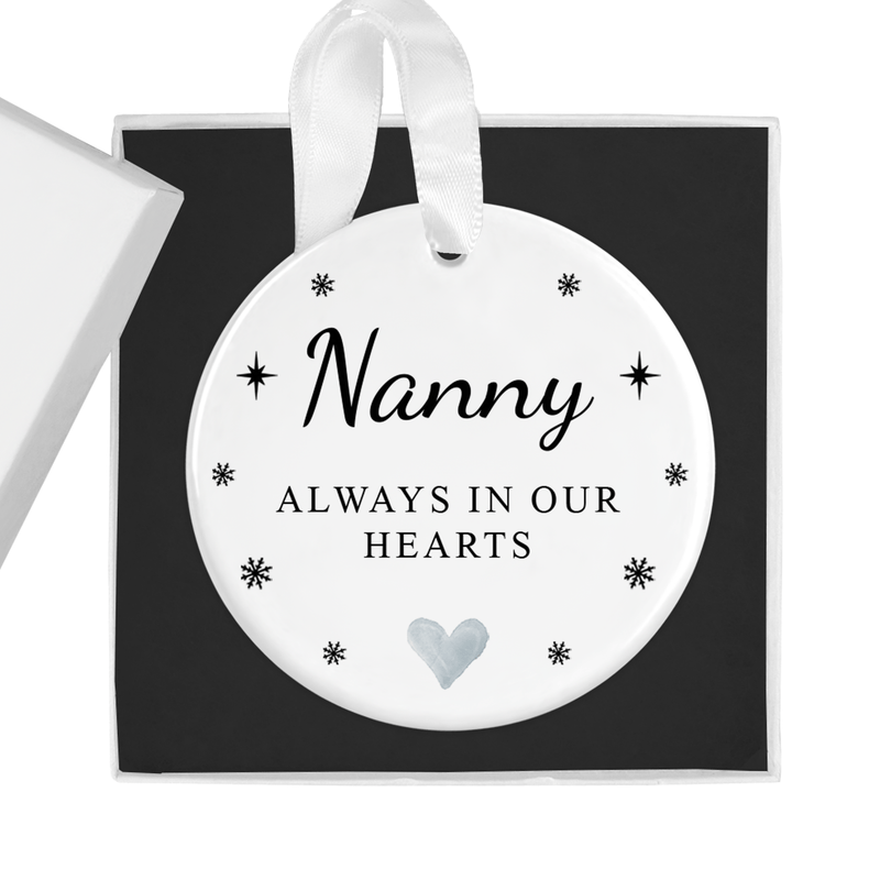 ceramic ornament with the "Always in Our Hearts" message with stars and a central heart motif