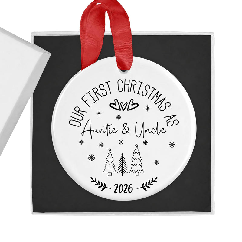 Ceramic auntie and uncle ornament with black-and-white hearts, snowflakes and Christmas trees