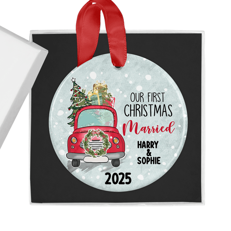 Personalised ceramic ornament with a festive red car design with a Christmas tree and gifts