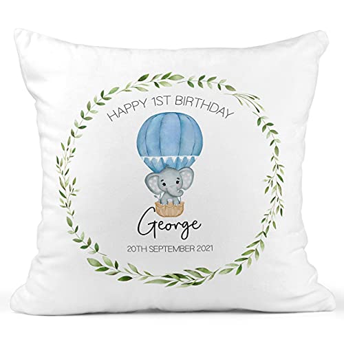 Personalised 1st Birthday Cushion for Boy with Blue Elephant First Birthday Design