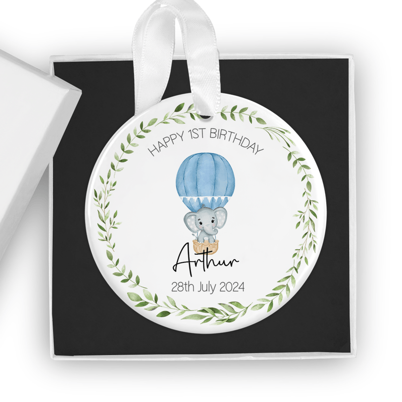 Personalised ceramic ornament with a cute blue elephant and hot air balloon design
