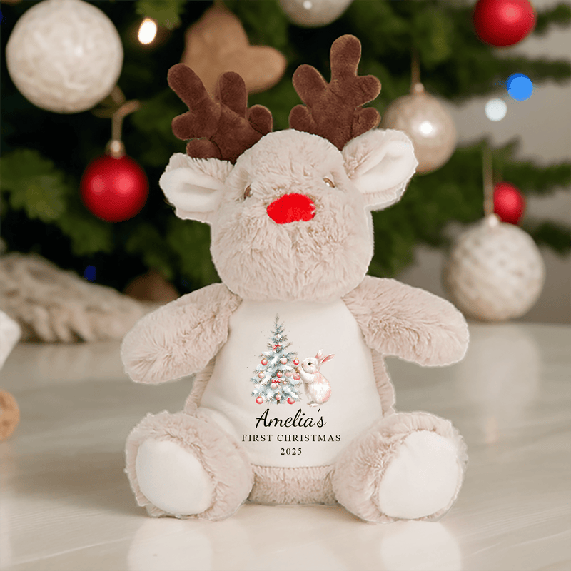 Personalised 1st Christmas Pink Rabbit Tree Reindeer Soft Toy showing rabbit and tree