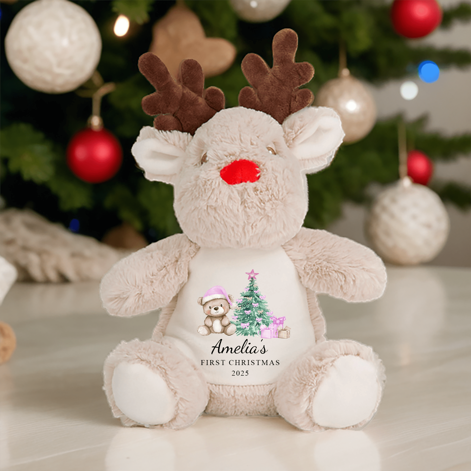 Personalised 1st Christmas Reindeer Teddy – Pink Teddy Bear - Chicken Craft Ltd