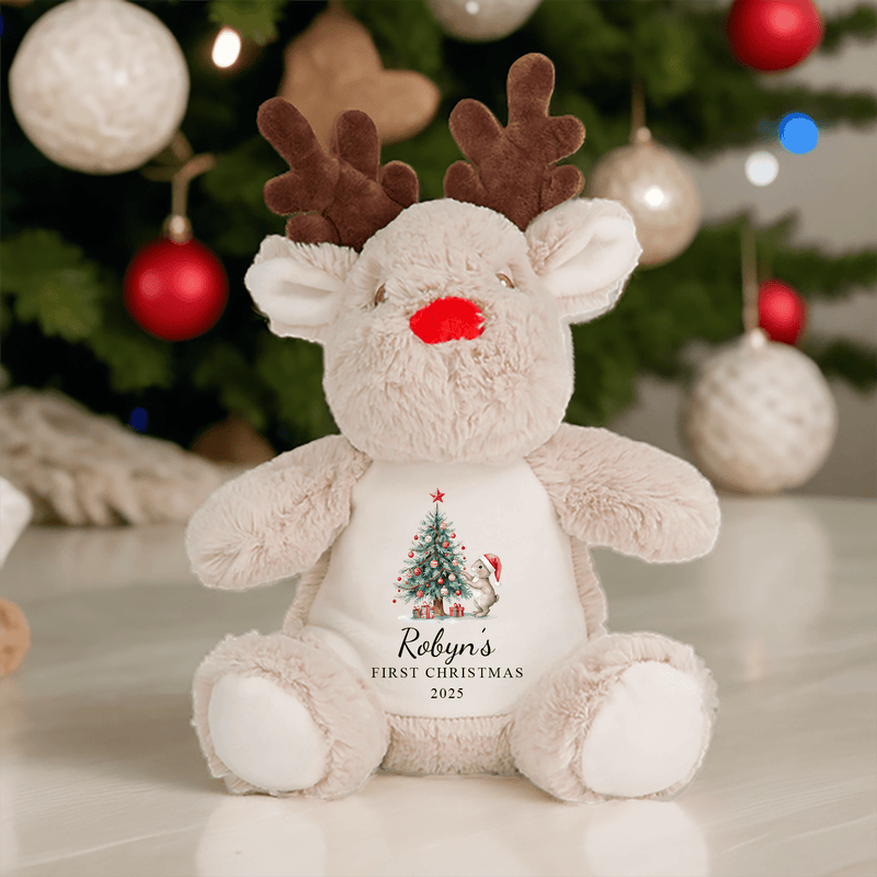 Personalised 1st Christmas Red Reindeer Soft Toy showing rabbit and tree