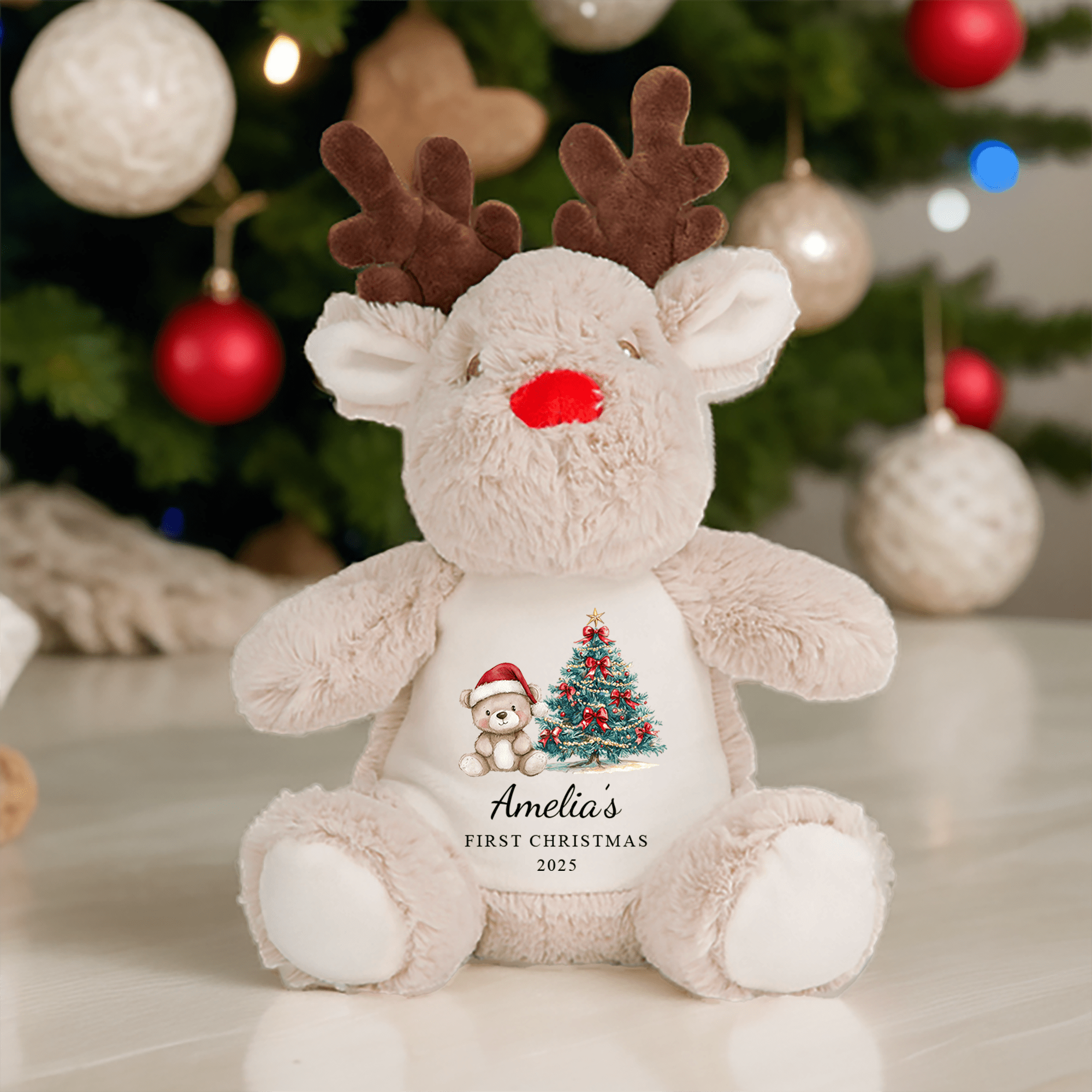 Personalised 1st Christmas Reindeer Teddy – Red Teddy Bear - Chicken Craft Ltd