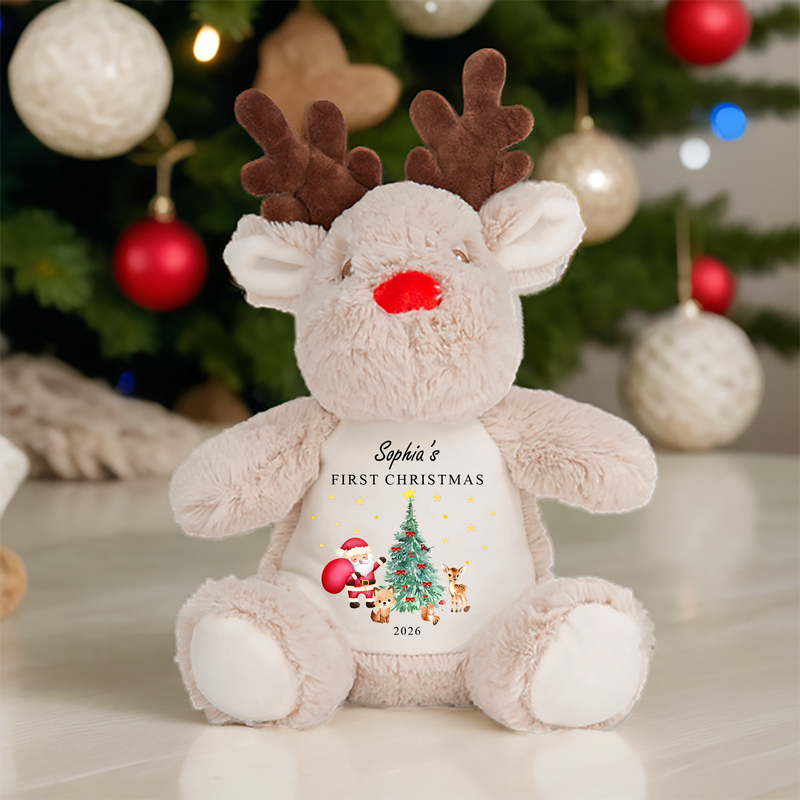 Personalised 1st Christmas Santa Woodland Reindeer Soft Toy showing Santa and friends woodland