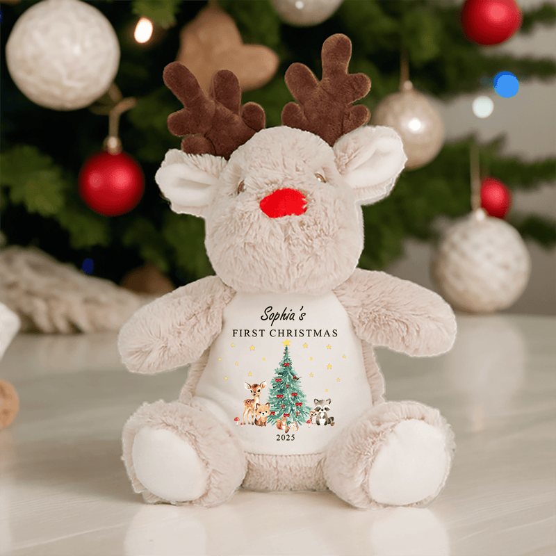 Personalised 1st Christmas Woodland Reindeer Soft Toy showing woodland