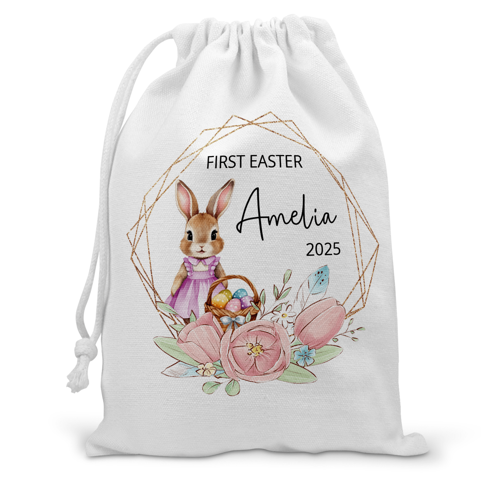 Personalised 1st Easter Gift Bag - Pink Rabbit | Custom Easter Sack - Chicken Craft Ltd