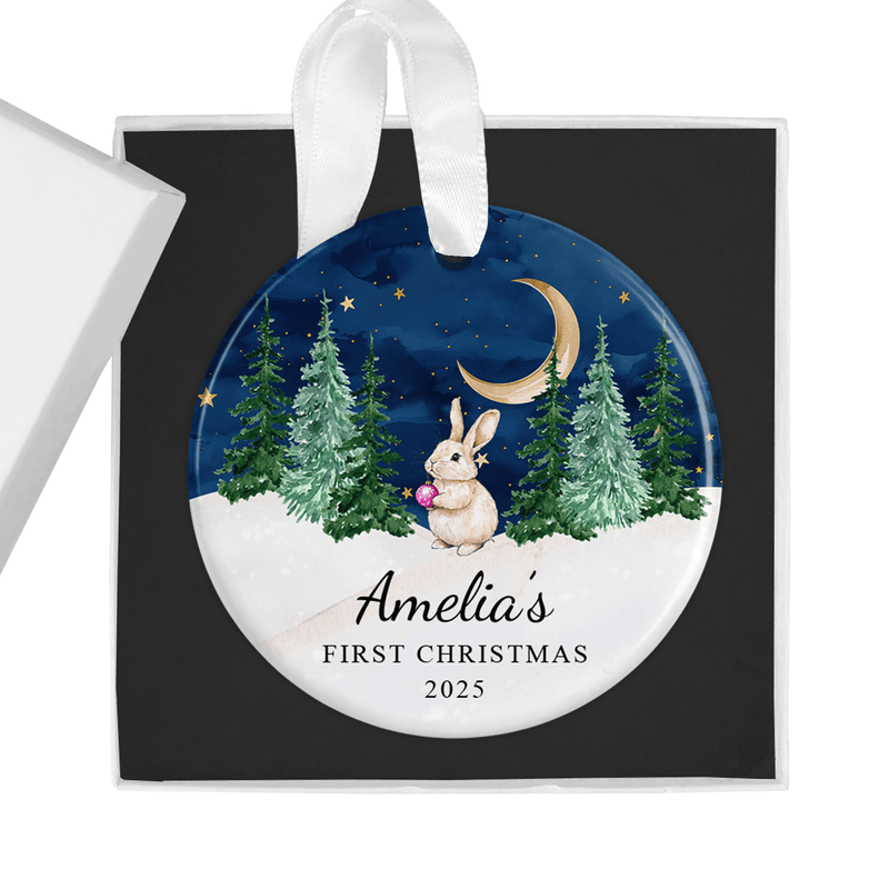 Personalised ceramic ornament with a sweet bunny holding a pink bauble under a crescent moon and starry sky