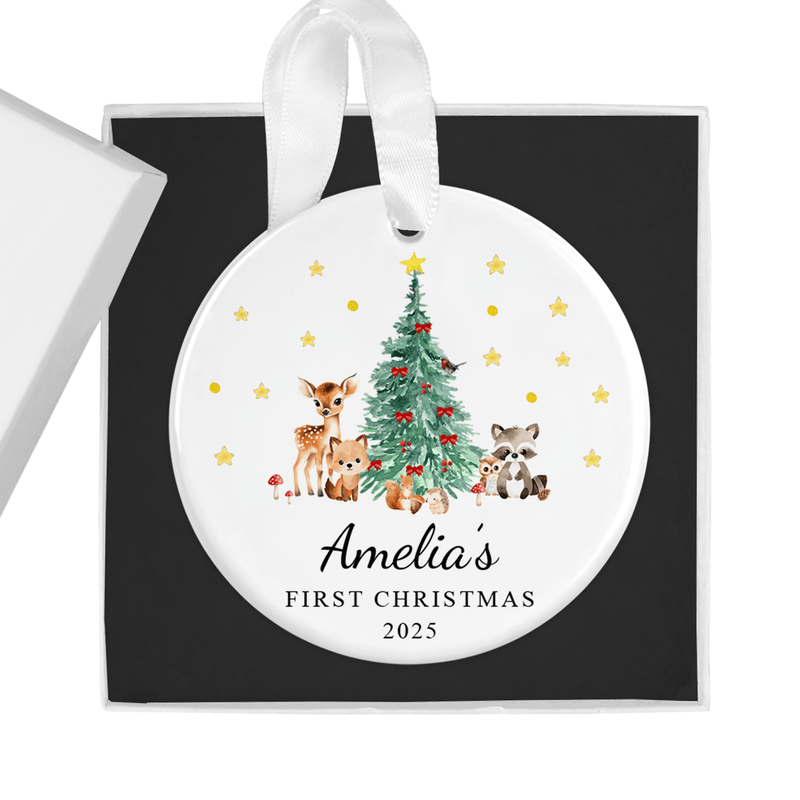 Personalised ceramic ornament with an enchanting forest scene with a Christmas tree