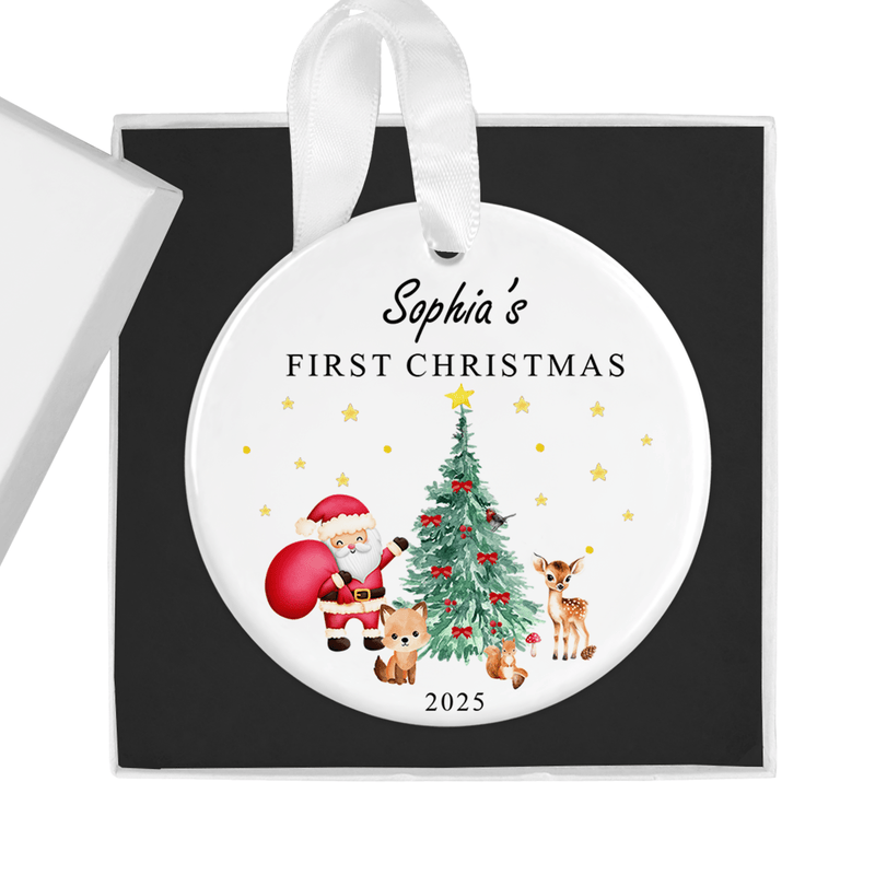 Personalised ceramic ornament with a festive scene with Santa carrying his red sack
