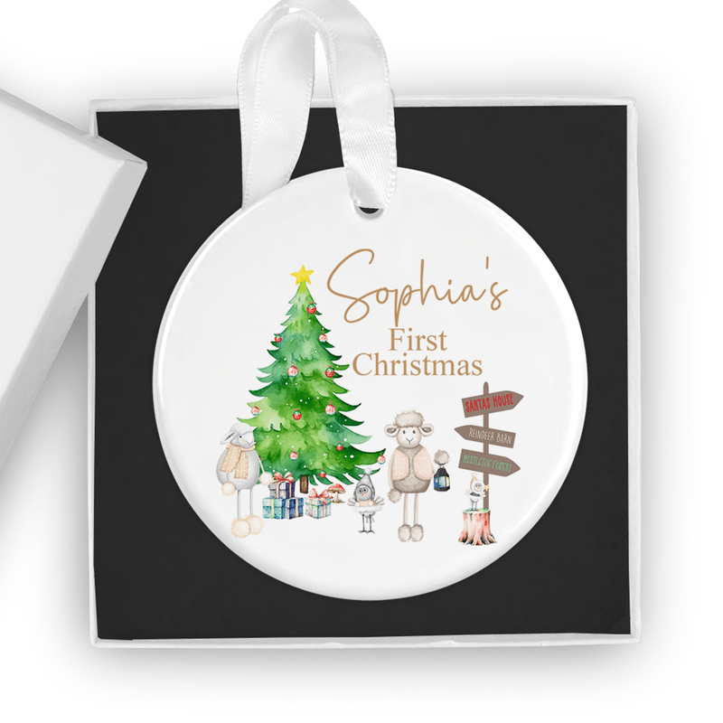 Personalised ceramic ornament with a sweet festive scene with a decorated Christmas tree