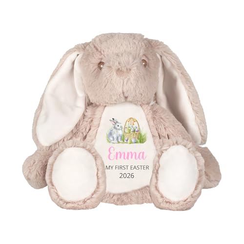 Personalised Beige Bunny First Easter Soft Toy with Name and Year - Pink Script