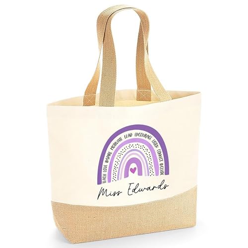 Personalised Beige Purple Rainbow Jute Tote Bag with Name product image
