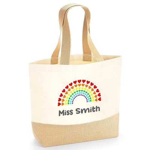 Personalised Beige Rainbow Hearts Jute Tote Bag with Name product image