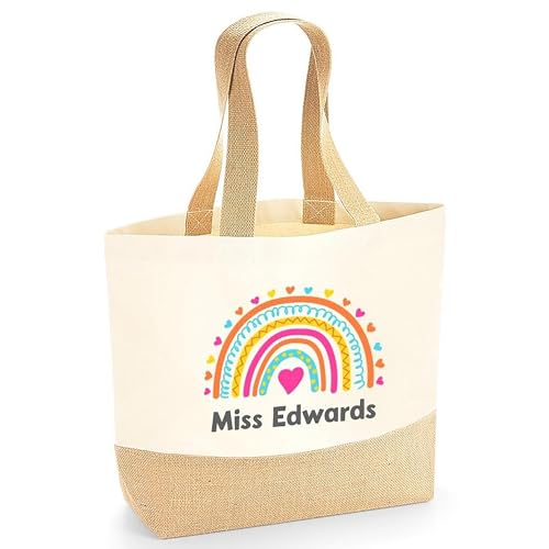 Personalised Beige Rainbow Pink Heart Jute Tote Bag with Name product image