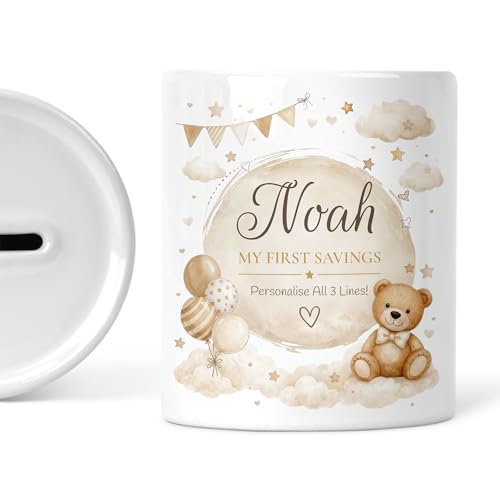 Beige teddy bear money box with personalised name and message