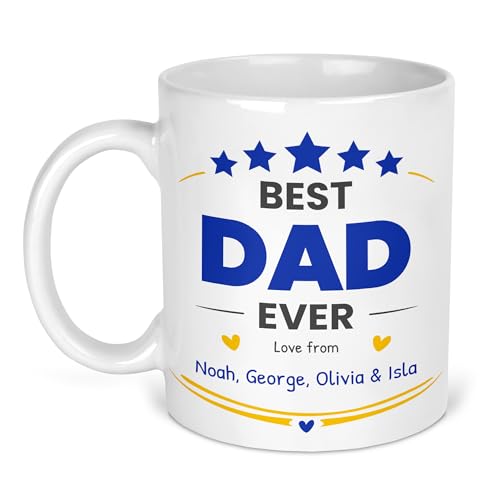 Best Dad Ever ceramic mug with names, blue stars, hearts and gold flourishes