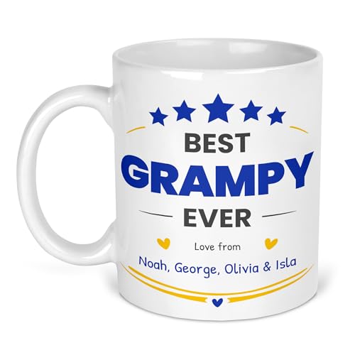 Best Grampy Ever ceramic mug with names, blue stars, hearts and gold flourishes