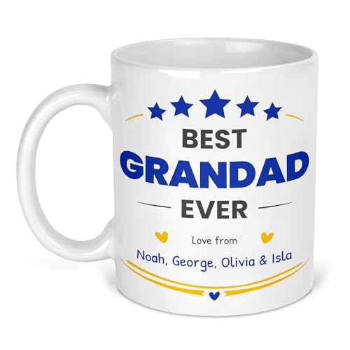 Best Grandad Ever ceramic mug with grandchildren's names, blue stars and gold flourishes
