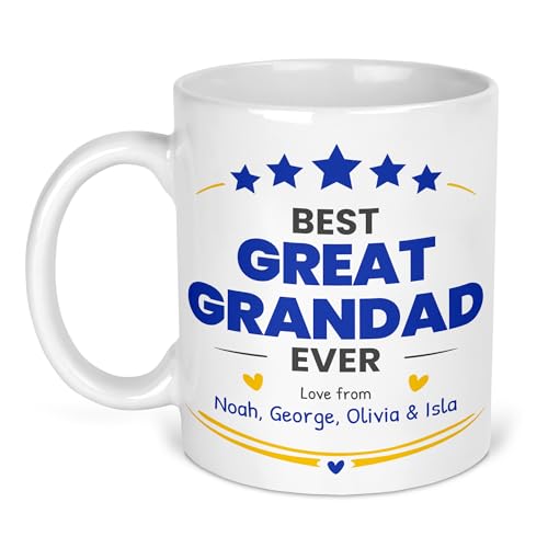Best Great Grandad Ever ceramic mug with family names, blue stars and gold flourishes