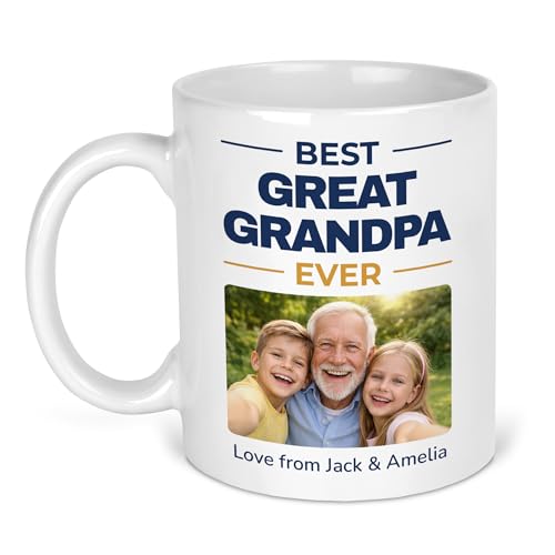 Best Great Grandpa Ever photo mug with navy wordmark, gold underline and names